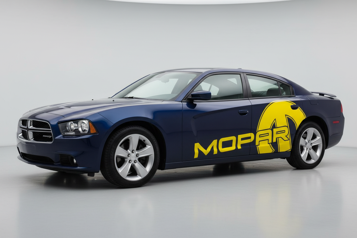 Yellow Mopar side graphics on a dark blue 2011 Dodge Charger
