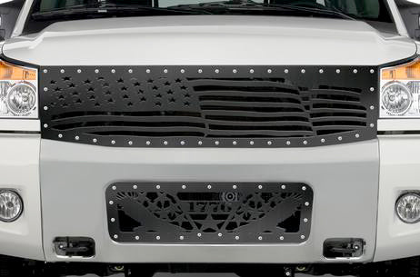 Nissan Titan Grille ('08-'14) Black Steel, AMERICAN FLAG - RacerX Customs | Truck Graphics, Grilles and Accessories
