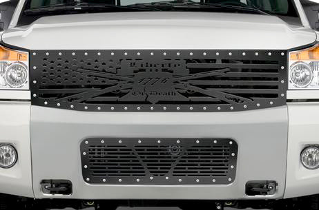 Nissan Armada Grille ('05-'07) Black Steel, LIBERTY OR DEATH - RacerX Customs | Truck Graphics, Grilles and Accessories