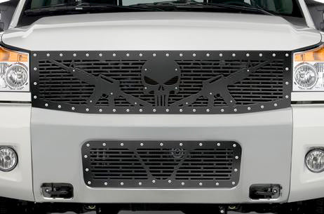 Nissan Titan Grille ('08-'14) Black Steel, AR-15 PUNISHER - RacerX Customs | Truck Graphics, Grilles and Accessories