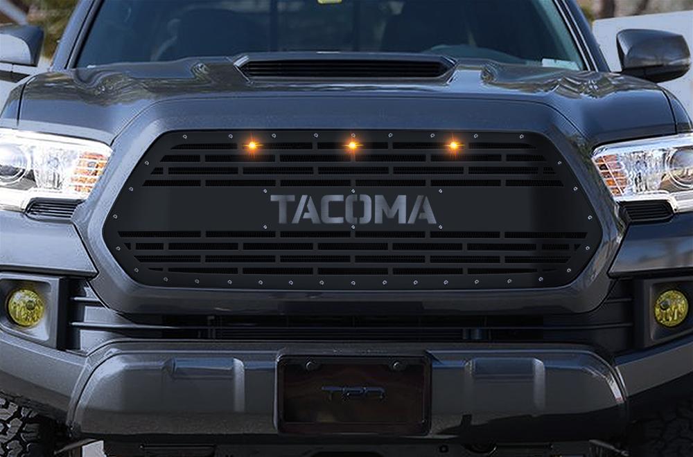 Toyota Tacoma Grille ('16-'17) Silver TACOMA v1 with LED Lights - RacerX Customs | Truck Graphics, Grilles and Accessories