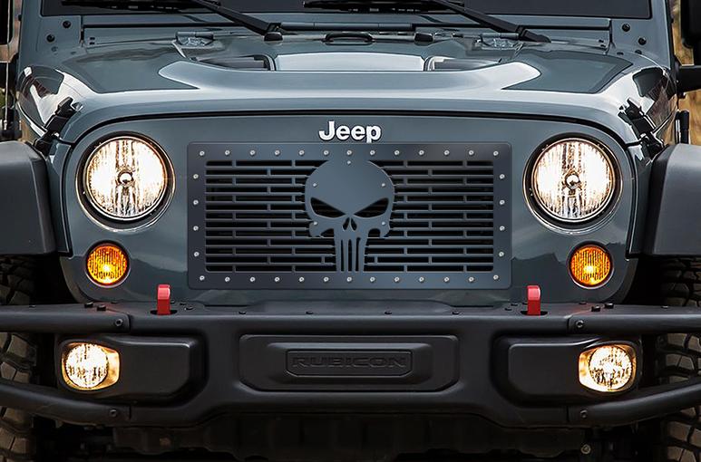 Jeep Wrangler Grille ('07-'16) Black Steel - PUNISHER - RacerX Customs | Truck Graphics, Grilles and Accessories