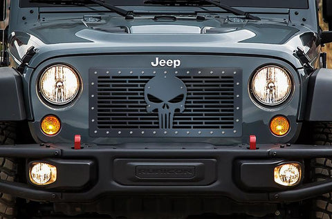 Jeep Wrangler Grille ('07-'16) Black Steel - PUNISHER - RacerX Customs | Truck Graphics, Grilles and Accessories
