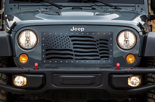 Jeep Wrangler Grille ('07-'16) Black Steel - AMERICAN FLAG - RacerX Customs | Truck Graphics, Grilles and Accessories