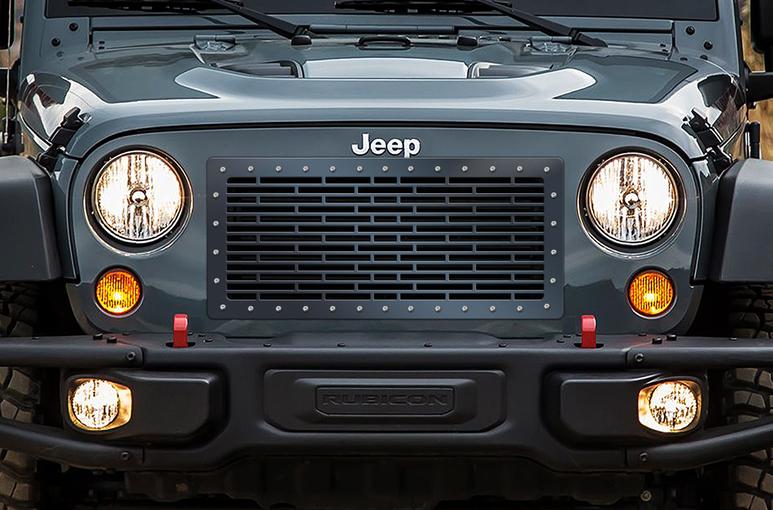 Jeep Wrangler Grille ('07-'16) Black Steel BRICK Pattern - RacerX Customs | Truck Graphics, Grilles and Accessories