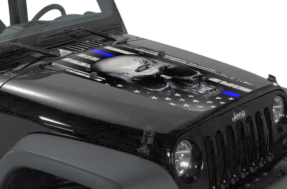 Jeep Wrangler Hood Graphics (2007-2018) THIN BLUE LINE SKULL - RacerX Customs