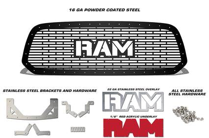 Dodge Ram Steel Grille ('13-'18) Red RAM Logo - RacerX Customs | Truck Graphics, Grilles and Accessories