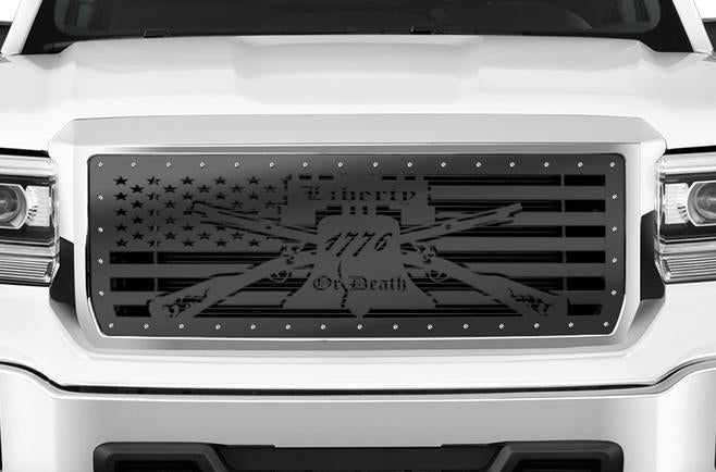 GMC Sierra Grille ('14-'15) Black Steel with LIBERTY OR DEATH - RacerX Customs | Truck Graphics, Grilles and Accessories