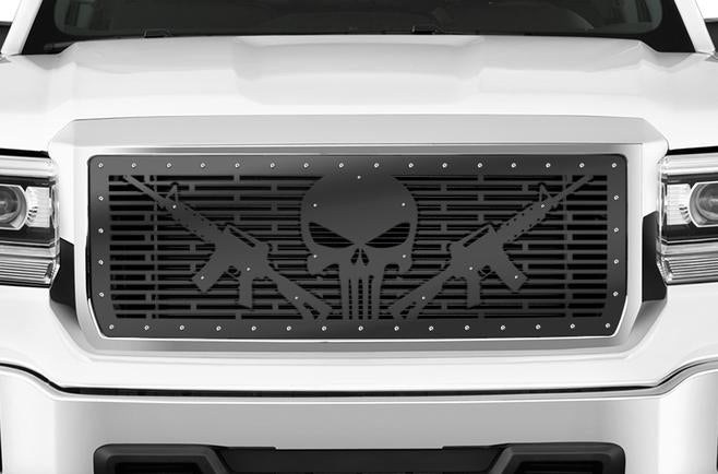 GMC Sierra Grille ('14-'15) Black Steel - AR-15 PUNISHER - RacerX Customs | Truck Graphics, Grilles and Accessories