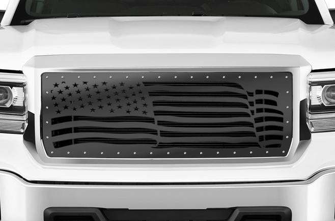 GMC Sierra Grille ('14-'15) Black Steel - AMERICAN FLAG - RacerX Customs | Truck Graphics, Grilles and Accessories