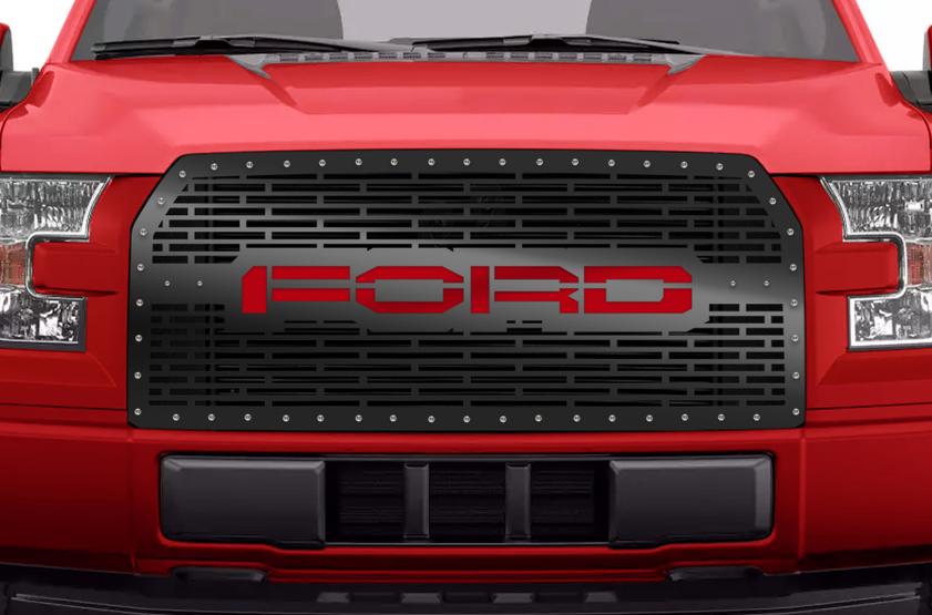 Ford F150 Steel Grille ('15-'17) Red FORD Logo - RacerX Customs | Truck Graphics, Grilles and Accessories