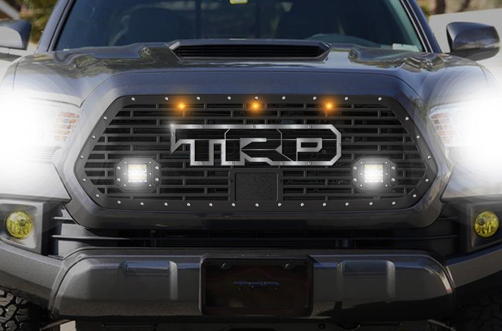 Toyota Tacoma Grille w/ Spot & Flood LED, Raptor Lights & Stainless Steel Outlined TRD (2018-2019) - RacerX Customs