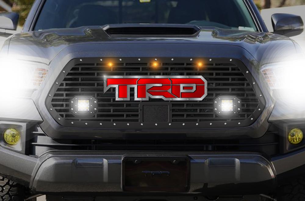 Toyota Tacoma Grille w/ Spot & Flood LED, Raptor Lights & Stainless Steel Outlined Red TRD (2018-2019) - RacerX Customs
