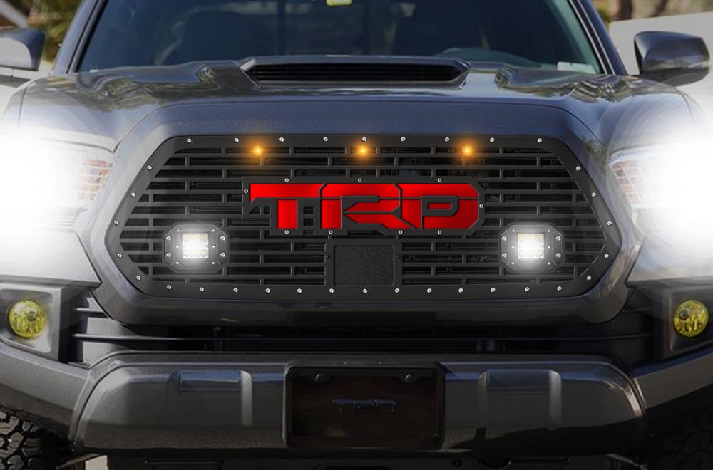 Toyota Tacoma Grille w/ Raptor Lights, Spot, Flood, LED Pods & Red TRD (2018-2019) - RacerX Customs