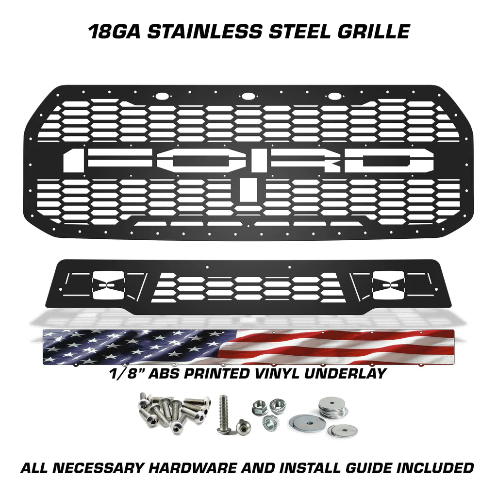Steel Grille for Ford Raptor SVT ('17-'20) - FORD w/ American Flag Vinyl Underlay