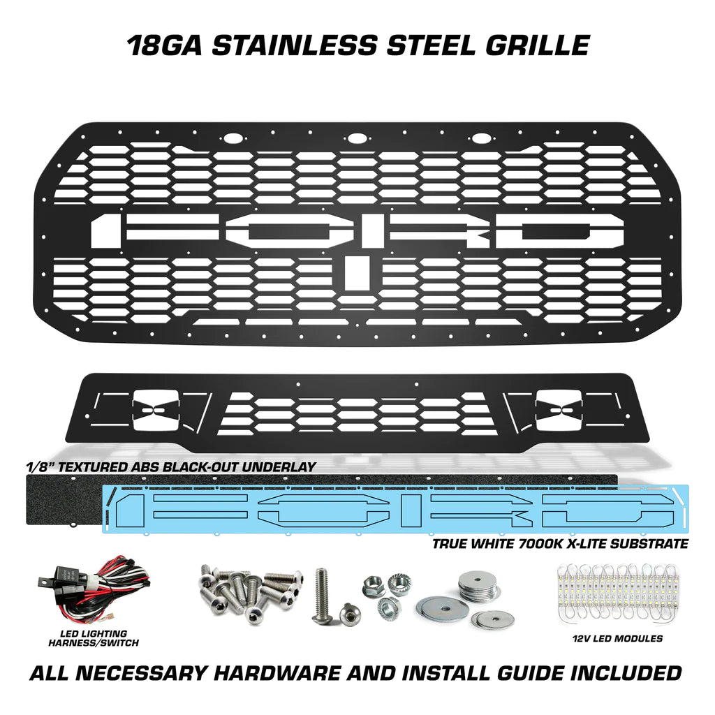 Steel Grille for Ford Raptor SVT ('17-'20) - FORD White LED X-Lite - RacerX Customs | Auto Graphics, Truck Grilles and Accessories