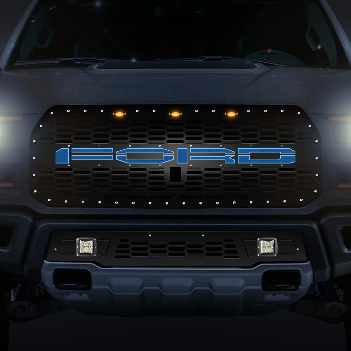 Steel Grille for Ford Raptor SVT ('17-'20) - FORD BLUE LED X-LITE