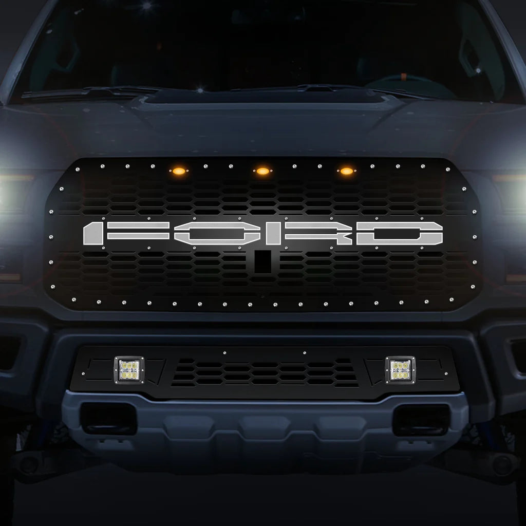Steel Grille for Ford Raptor SVT ('17-'20) - FORD White LED X-Lite - RacerX Customs | Auto Graphics, Truck Grilles and Accessories