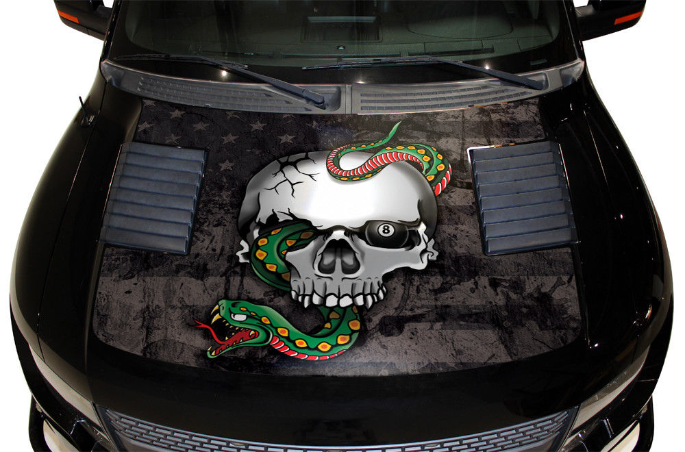 Ford Raptor Hood Graphics Wrap (2010-2014) SNAKE-SKULL w/ Flag - RacerX Customs