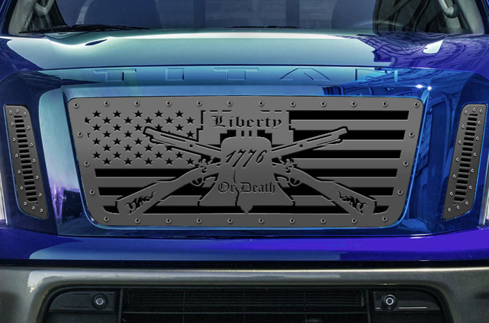 Titan Grille ('16-'19) Black Steel, LIBERTY or DEATH - RacerX Customs | Auto Graphics, Truck Grilles and Accessories