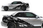 2002-2007 Subaru WRX WRX-Splash vinyl side graphic kit in Matte Black on silver - both side views