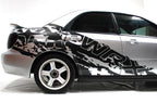 2002-2007 Subaru WRX WRX-Splash vinyl side graphic kit in Matte Black on silver - rear door and quarter panel detail