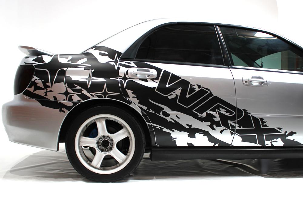 2002-2007 Subaru WRX WRX-Splash vinyl side graphic kit in Matte Black on silver - rear door and quarter panel detail