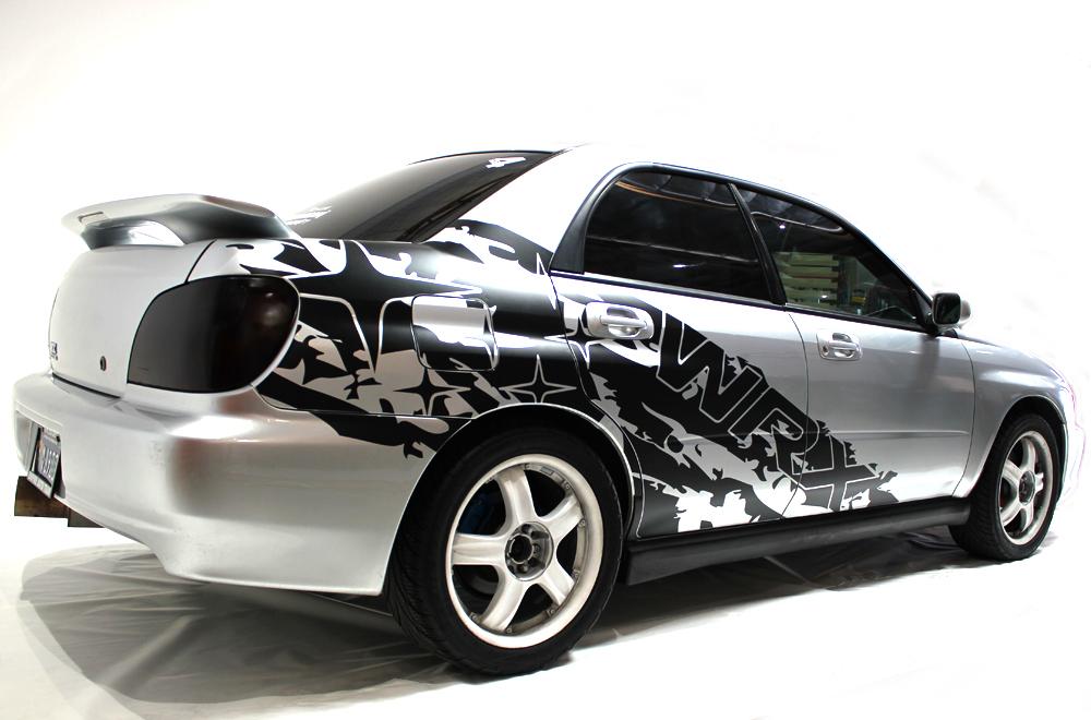 2002-2007 Subaru WRX WRX-Splash vinyl side graphic kit in Matte Black on silver - rear three-quarter view