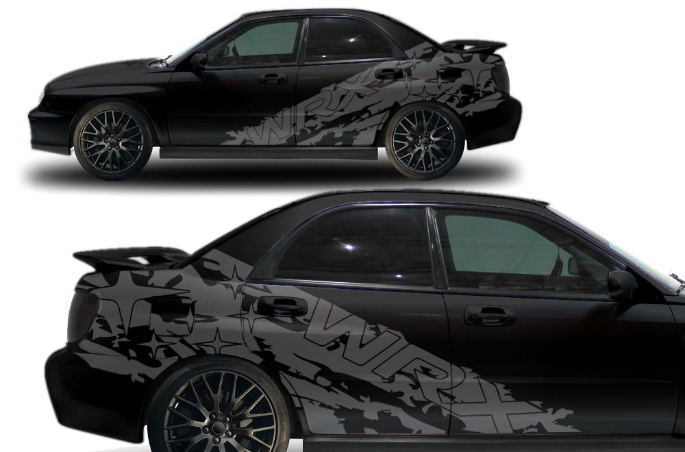 2002-2007 Subaru WRX WRX-Splash vinyl side graphic kit in Nimbus Gray on black - full side profile and close-up