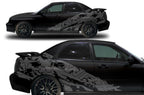 2002-2007 Subaru WRX WRX-Splash vinyl side graphic kit in Nimbus Gray on black - full side profile and close-up
