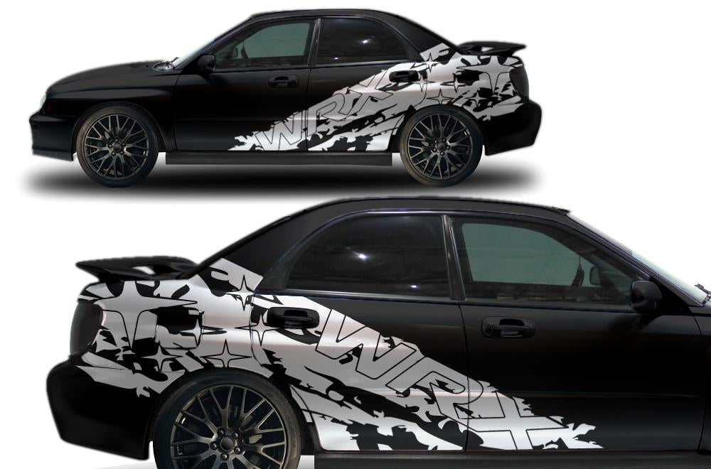 2002-2007 Subaru WRX WRX-Splash vinyl side graphic kit in Silver on black - full side profile and close-up