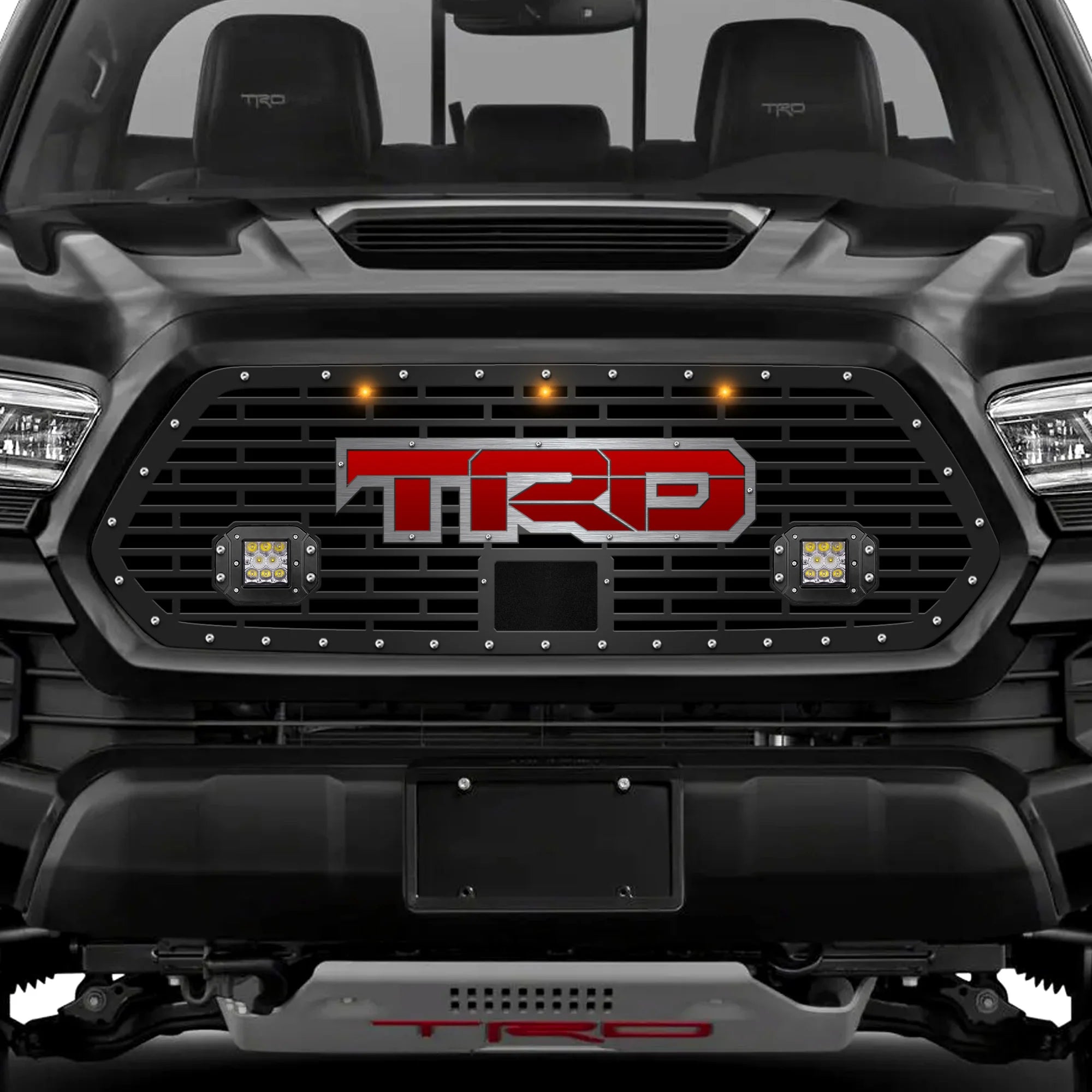 Toyota Tacoma Grille w/LED Light Pods, Raptor Lights, SS Outlined, Red Underlay TRD (18-23)