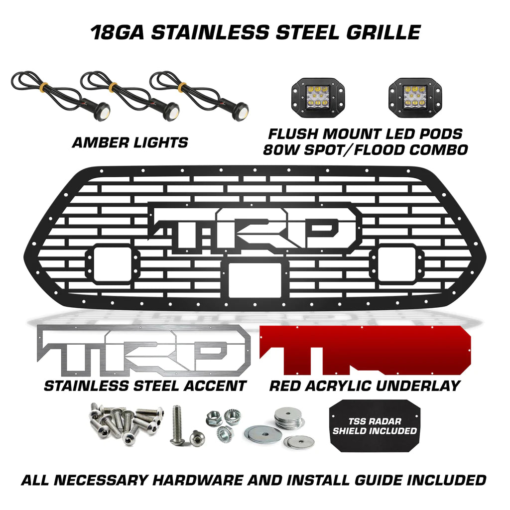 Toyota Tacoma Grille w/LED Light Pods, Raptor Lights, SS Outlined, Red Underlay TRD (18-23)