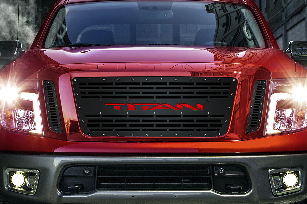 Titan Grille ('16-'19) Black Steel, TITAN with RED Underlay - RacerX Customs | Auto Graphics, Truck Grilles and Accessories