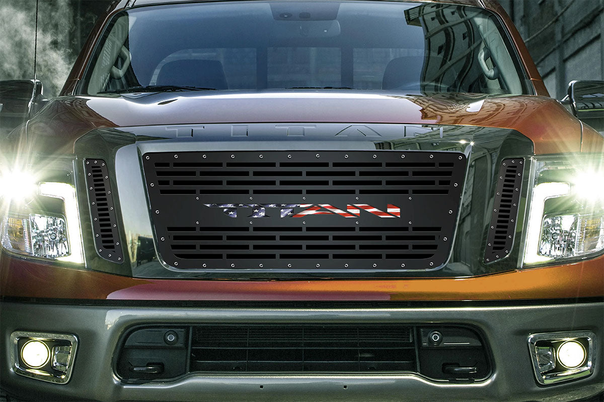 Titan Grille ('16-'19) Black Steel, TITAN with USA Flag Underlay