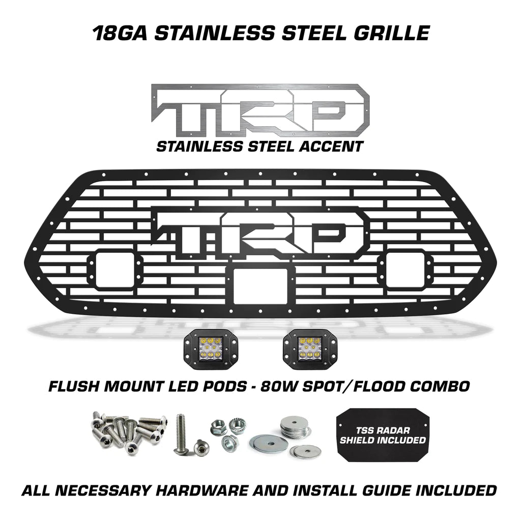 Toyota Tacoma Grille w/ Spot, Flood LED Pods, Stainless Steel Outlined TRD ('18-'23)