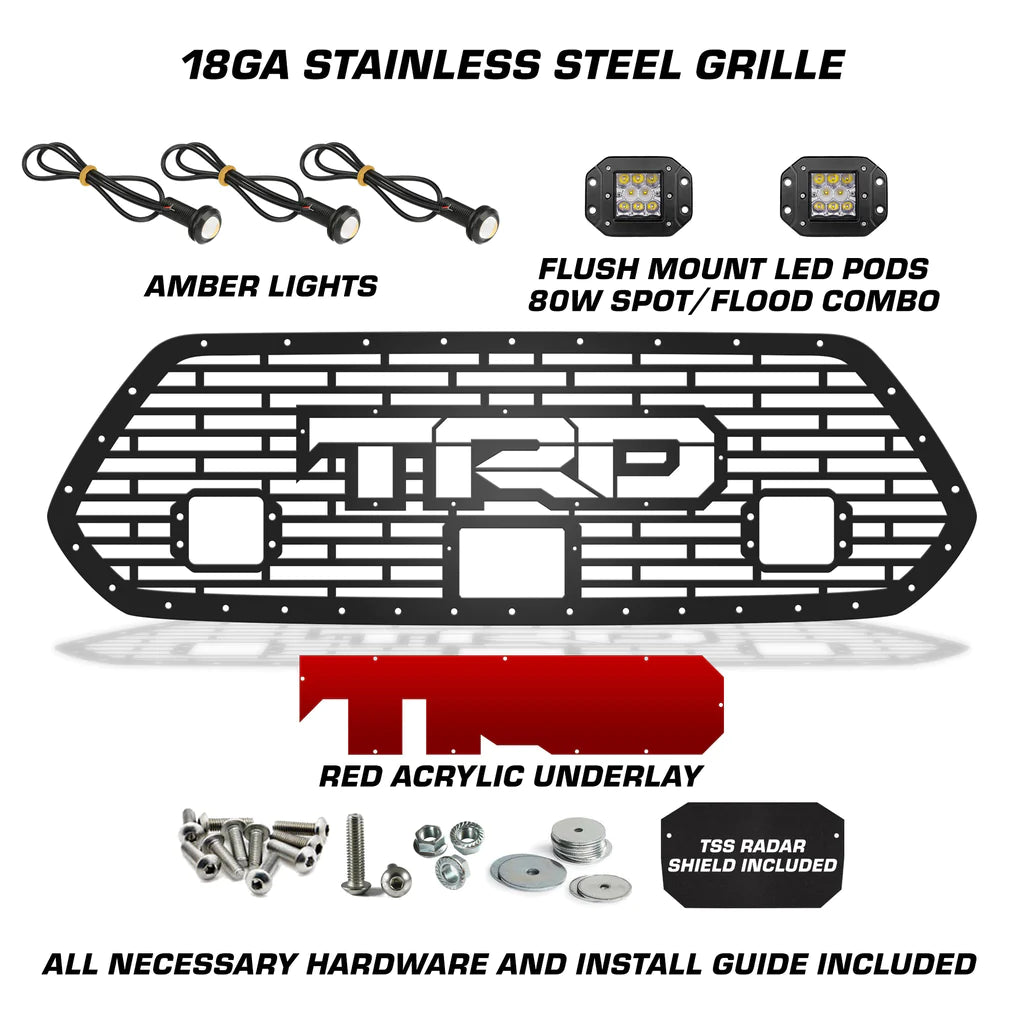 Toyota Tacoma Grille w/ Raptor Lights, LED Light Pods & Red TRD (18-23)