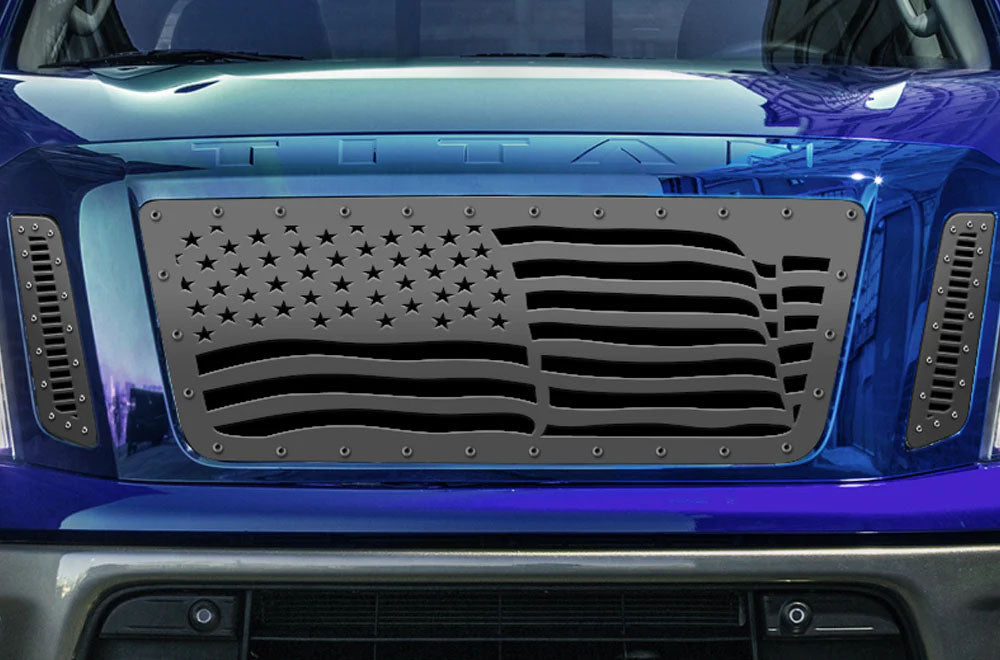 Titan Grille ('16-'19) Black Steel, WAVING USA FLAG - RacerX Customs | Auto Graphics, Truck Grilles and Accessories