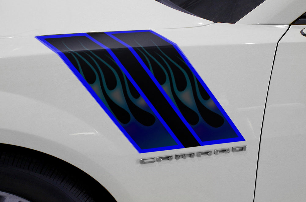 Chevy Camaro Vinyl Hash Mark Design ('10-'15) Blue Ghost Flame - RacerX Customs | Auto Graphics, Truck Grilles and Accessories